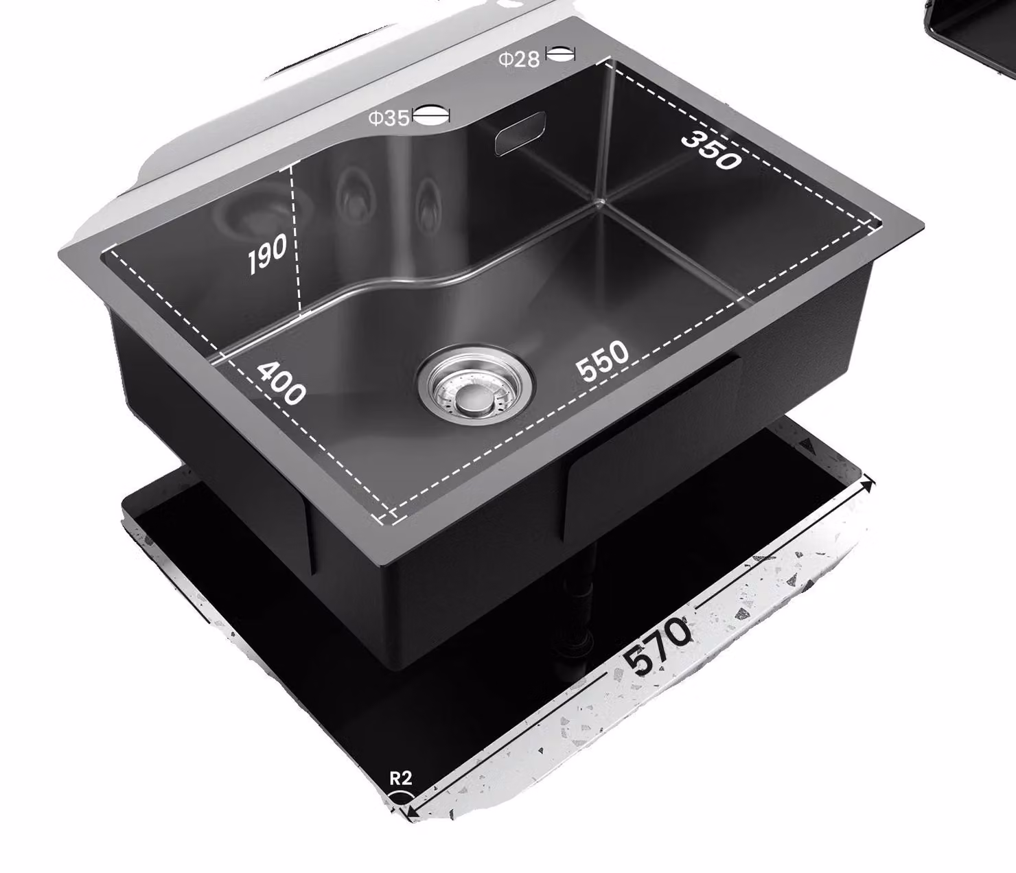 Lavello da cucina, rivestimento nanotecnologico avanzato, design del lavello ampio, colore nero nano, dimensioni 60 x 45 cm