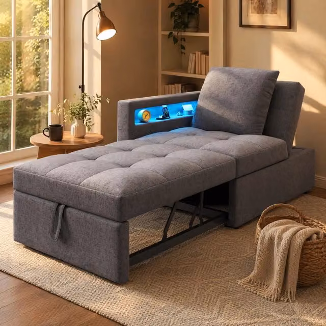 Divano letto singolo trasformabile 3 in 1 grigio scuro con schienale regolabile e ricarica integrata in tessuto con struttura in metallo e MDF L: 177 cm, P: 65 cm, H: 65 cm