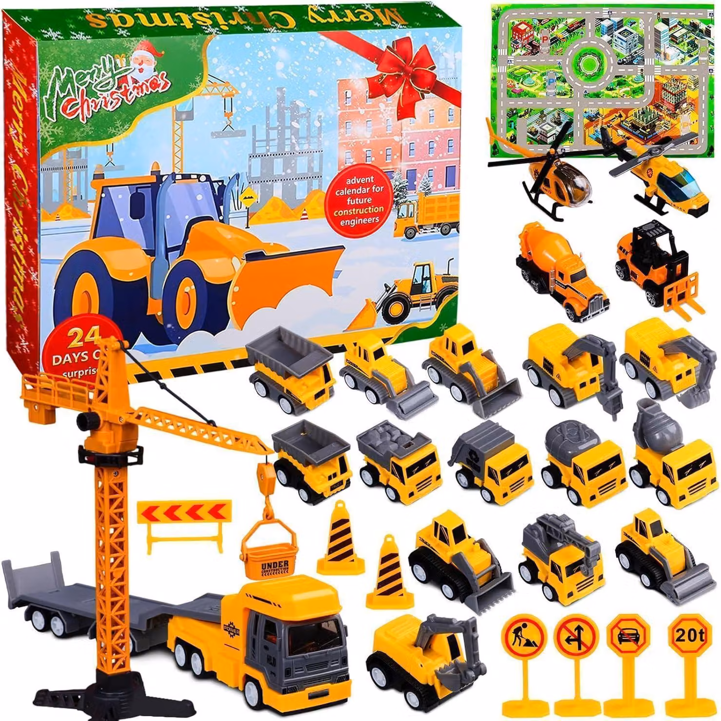 Calendario dell'Avvento per bambini 2026, tema: auto, cantiere edile, giocattoli. 24 giorni. Veicoli da costruzione: escavatori, elicotteri, macchine edili. Calendario di Natale, regalo per bambini dai 4 ai 7 anni