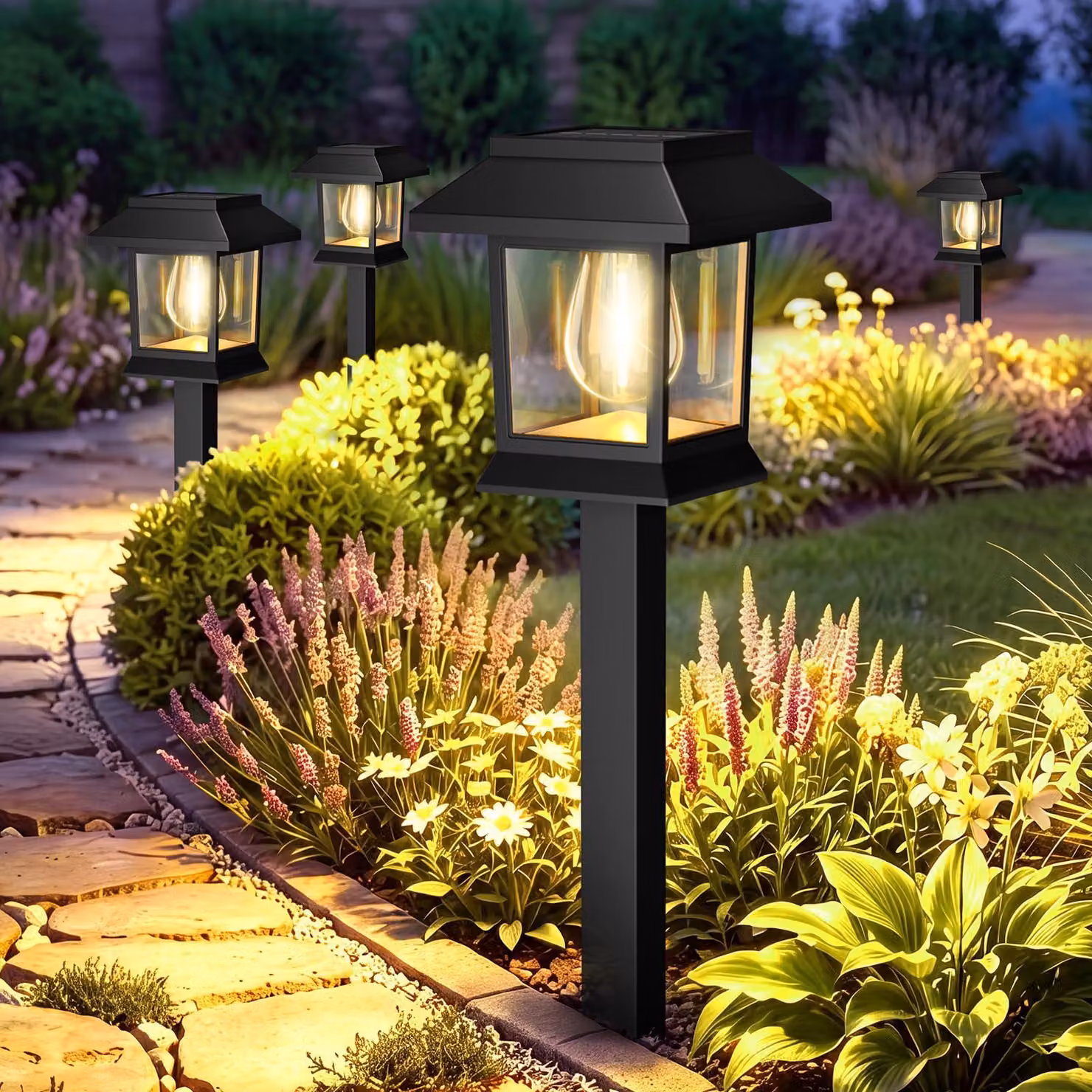 6 luci da giardino solari, grado di protezione IP65, 3000 K, luce bianca calda, design vintage