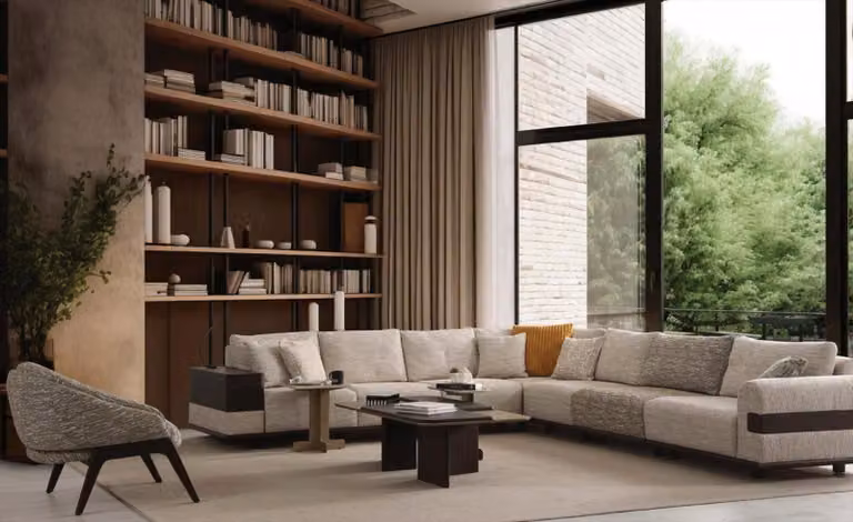 Divano ad angolo a forma di L, poltrona, set beige e marrone, design moderno, tessuto, legno, soggiorno