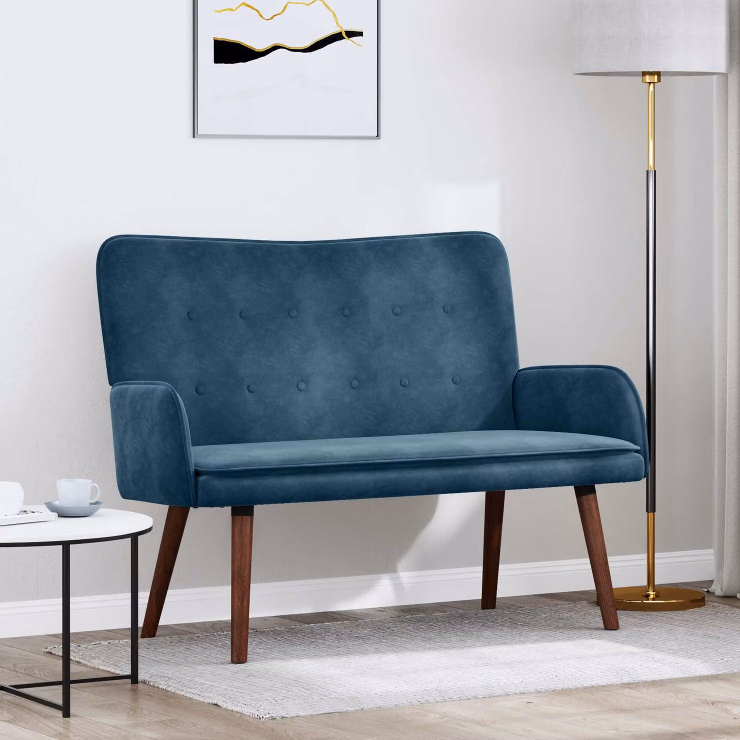 Divano a 2 posti vidaXL in velluto blu, design moderno e lineare, L: 115 cm, P: 61 cm, H: 87 cm