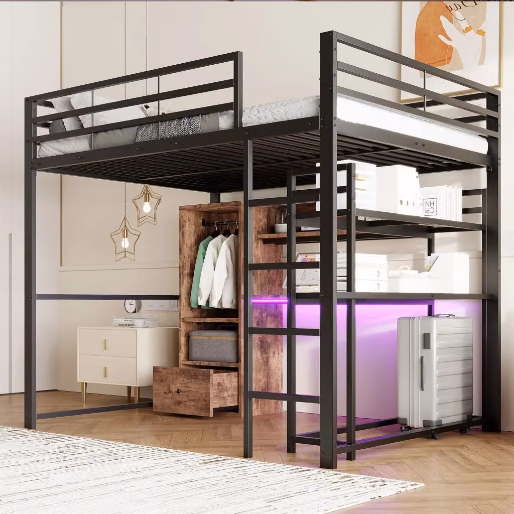 Letto a soppalco REDOM con scrivania, cassetti e illuminazione LED in metallo e MDF nero L/P: 140 x 200 cm – 2