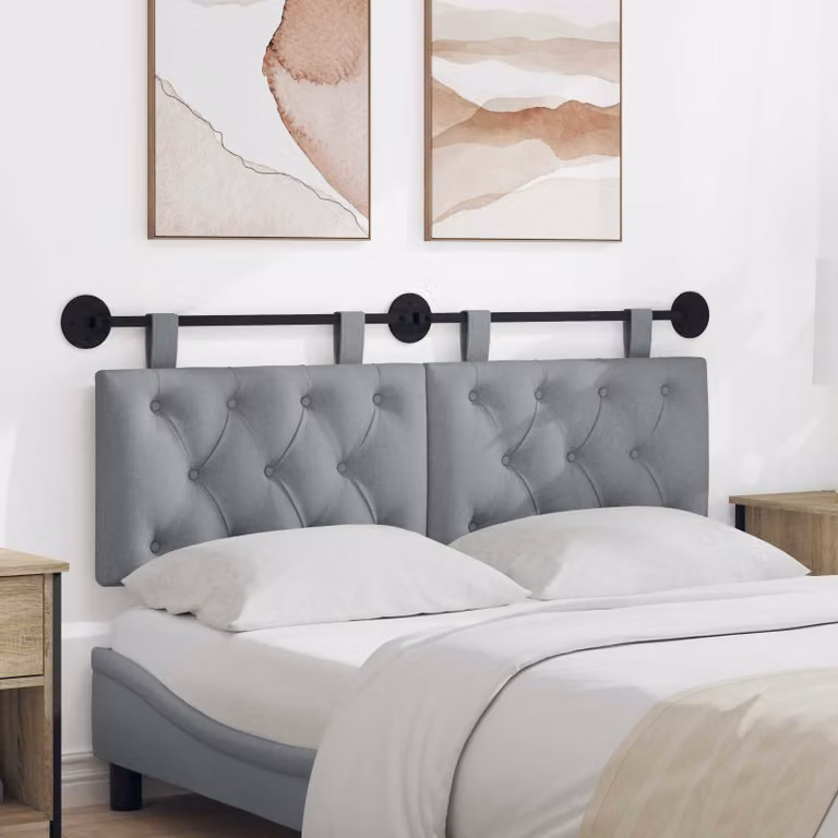 Testiera sospesa vidaXL in tessuto grigio chiaro con pannello imbottito e struttura in legno e metallo L: 150 cm, P: 7 cm, H: 55 cm