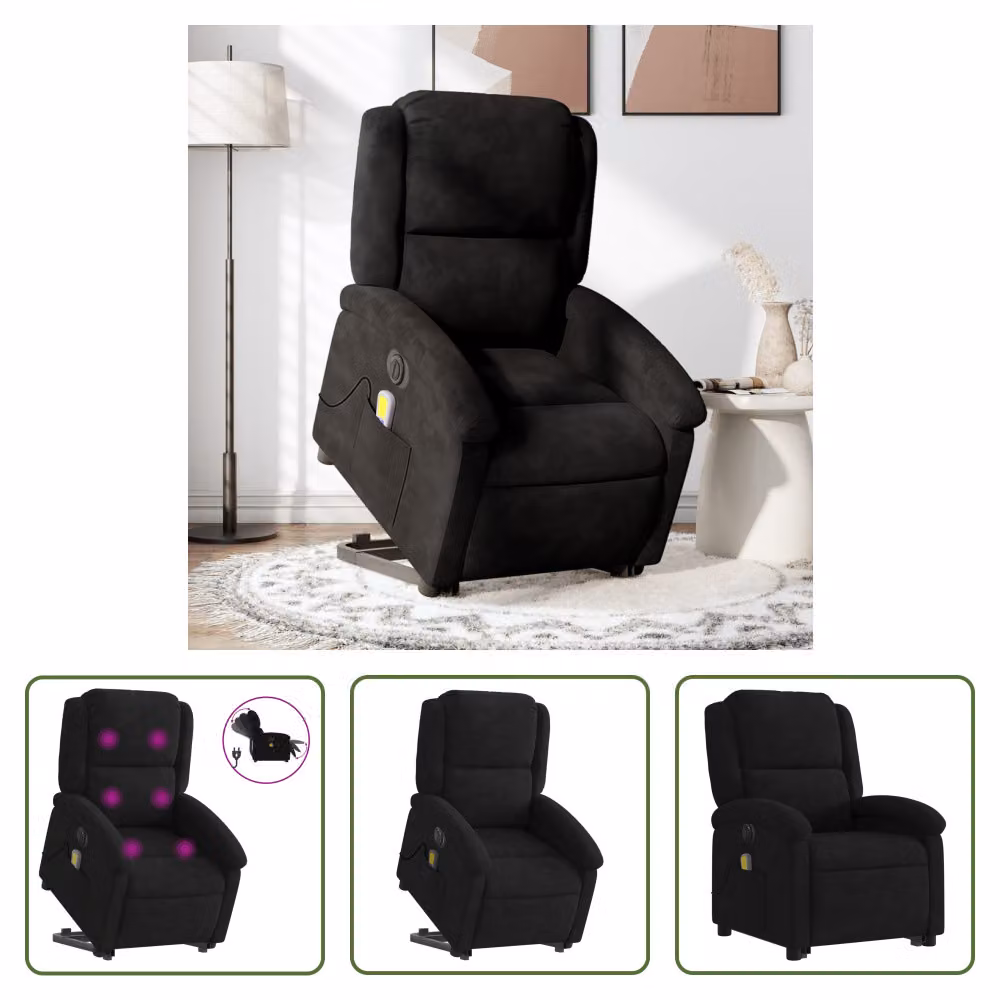The Living Store Sedia massaggiante con supporto in piedi elettrica in velluto nero