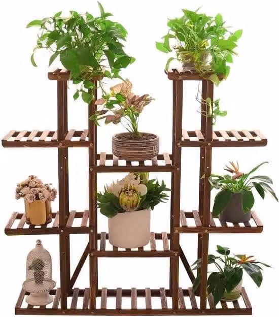 Supporto da giardino in legno, grande struttura di sostegno per fiori a 11 livelli, struttura a più livelli per giardino con dimensioni 115 × 25 × 116 cm.