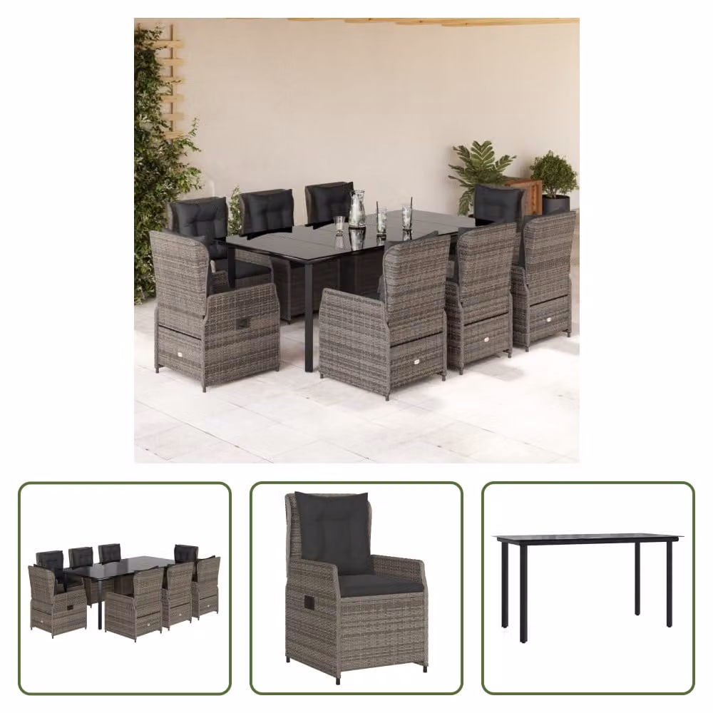 The Living Store Set da pranzo da giardino 9 pezzi con cuscini in poly rattan grigio
