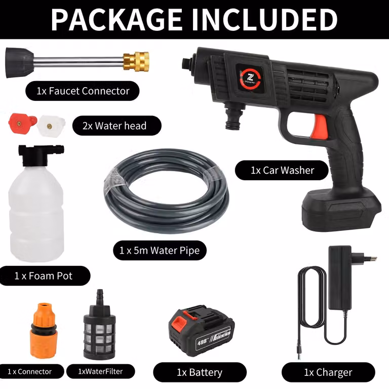 Idropulitrice portatile senza fili per auto - Macchina per la pulizia a batteria - 70 bar - 20.000 mAh - 1 batteria - Tubo per l'acqua - Generatore di schiuma