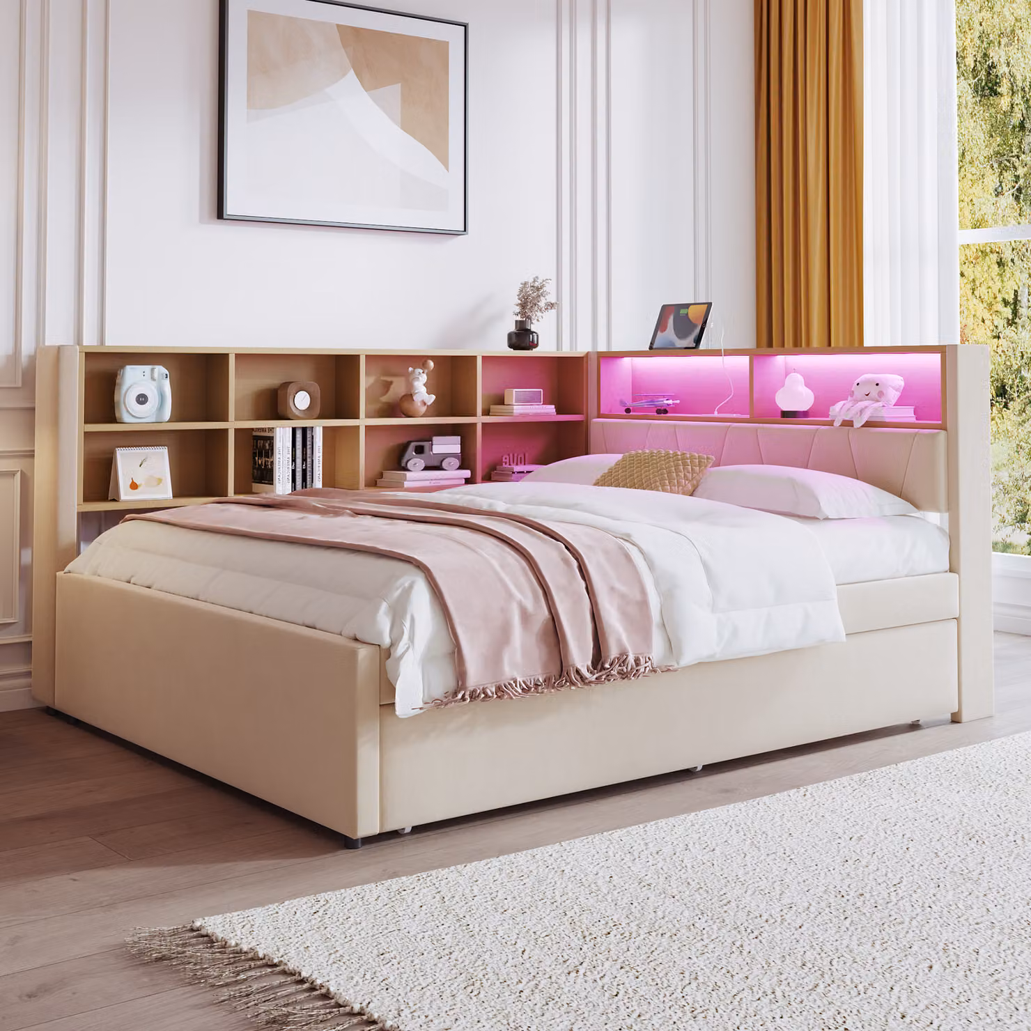STILVORA Divano letto 140x200 cm, daybed con luci a LED e prese elettriche, lettino per bambini con numerosi vani portaoggetti, grigio scuro (con materasso)
