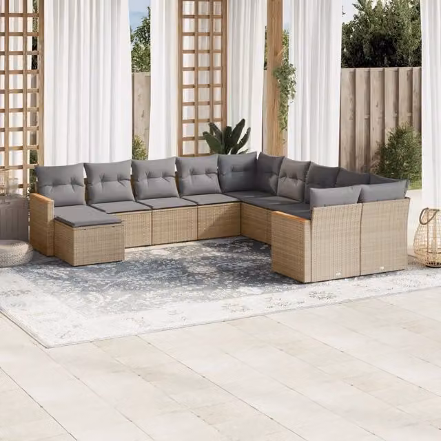 vidaXL Set Divani da Giardino 11 pz in Polyrattan con Cuscini Beige e Grigio e Struttura in Legno di Acacia