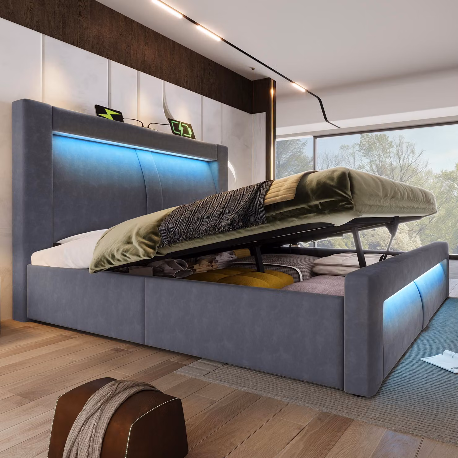MODFU letto matrimoniale 180x200 imbottito con contenitore e illuminazione a LED, struttura letto con porte di ricarica USB e Type-C, senza materasso, grigio