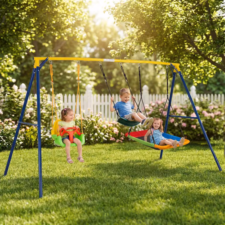 Set di 3 altalene da giardino Costway multicolore con seggiolino a nido e corde regolabili per bambini dai 3 ai 12 anni