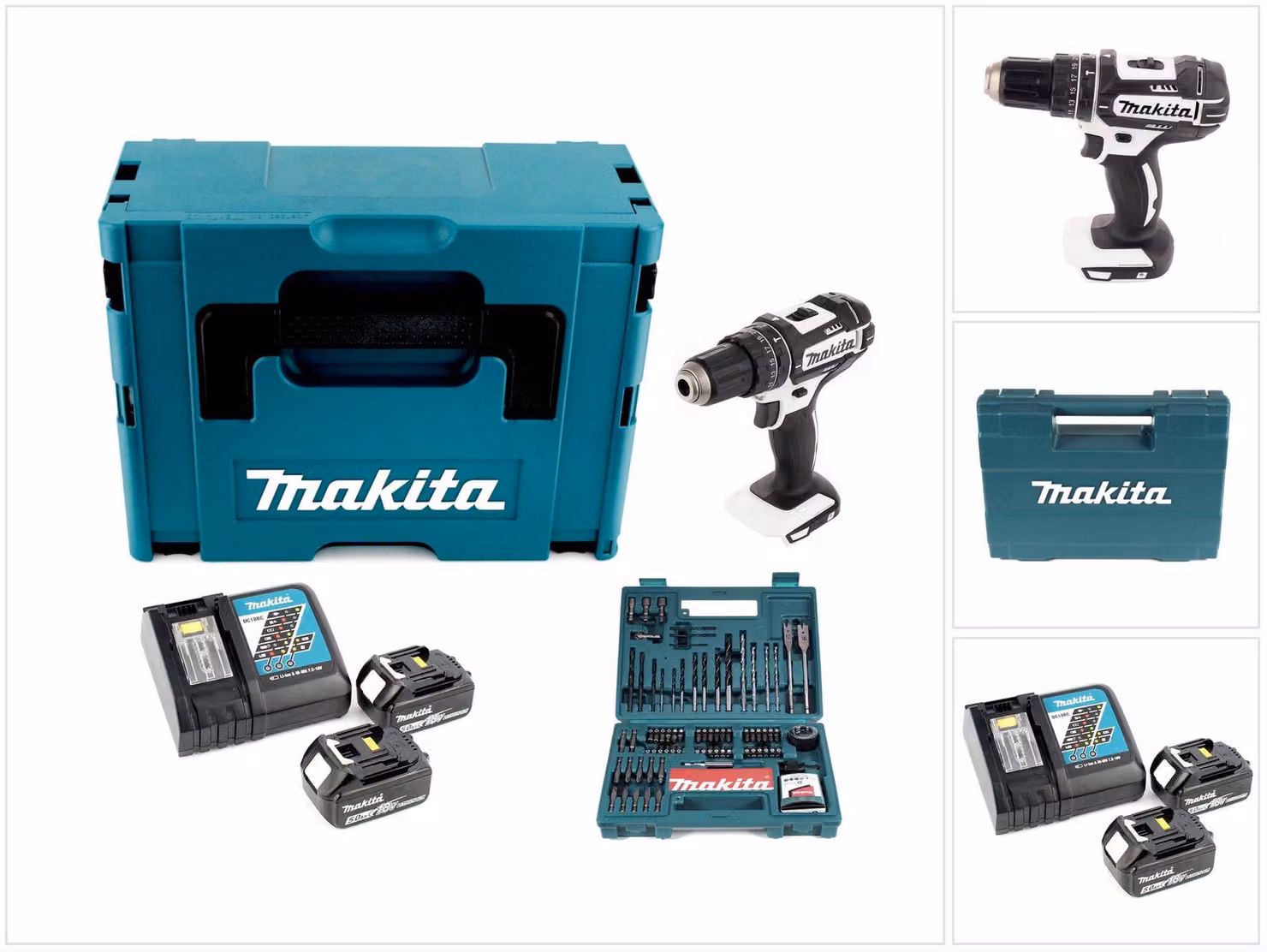 Makita DHP 482 RTJ W 18 V Trapano avvitatore a percussione a batteria bianco in valigetta Makpac + 2x Batterie 5,0 Ah + Caricabatterie DC 18 RC + Set Makita di 100 punte per trapano
