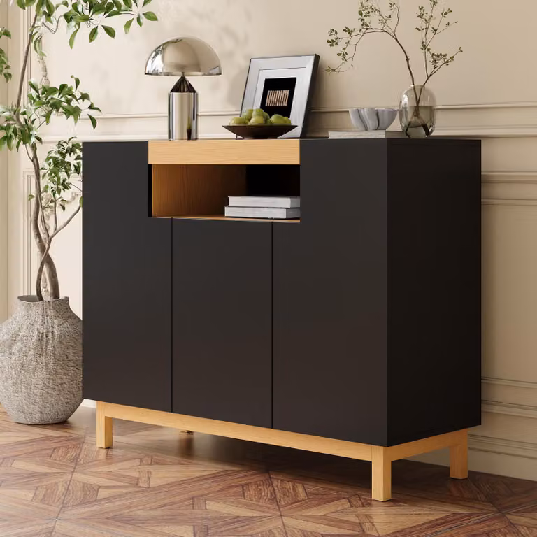 Credenza Merax con 3 ante e 1 ripiano aperto, cassettiera effetto legno, mobile contenitore multifunzionale in pannelli di particelle di alta qualità, nero