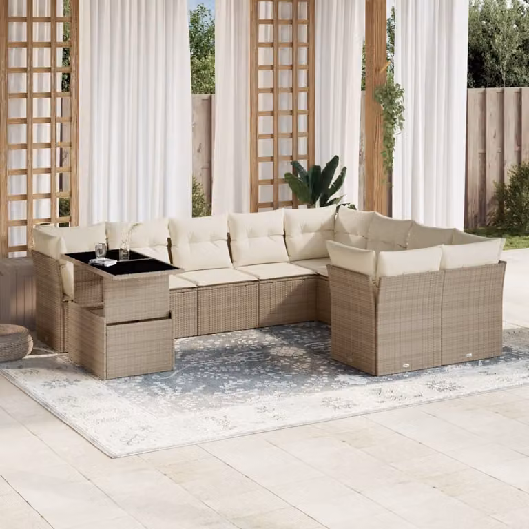 vidaXL Set Divano da Giardino 10 pz a Forma a L con Cuscini Beige e Tavolino in Polyrattan e Acciaio