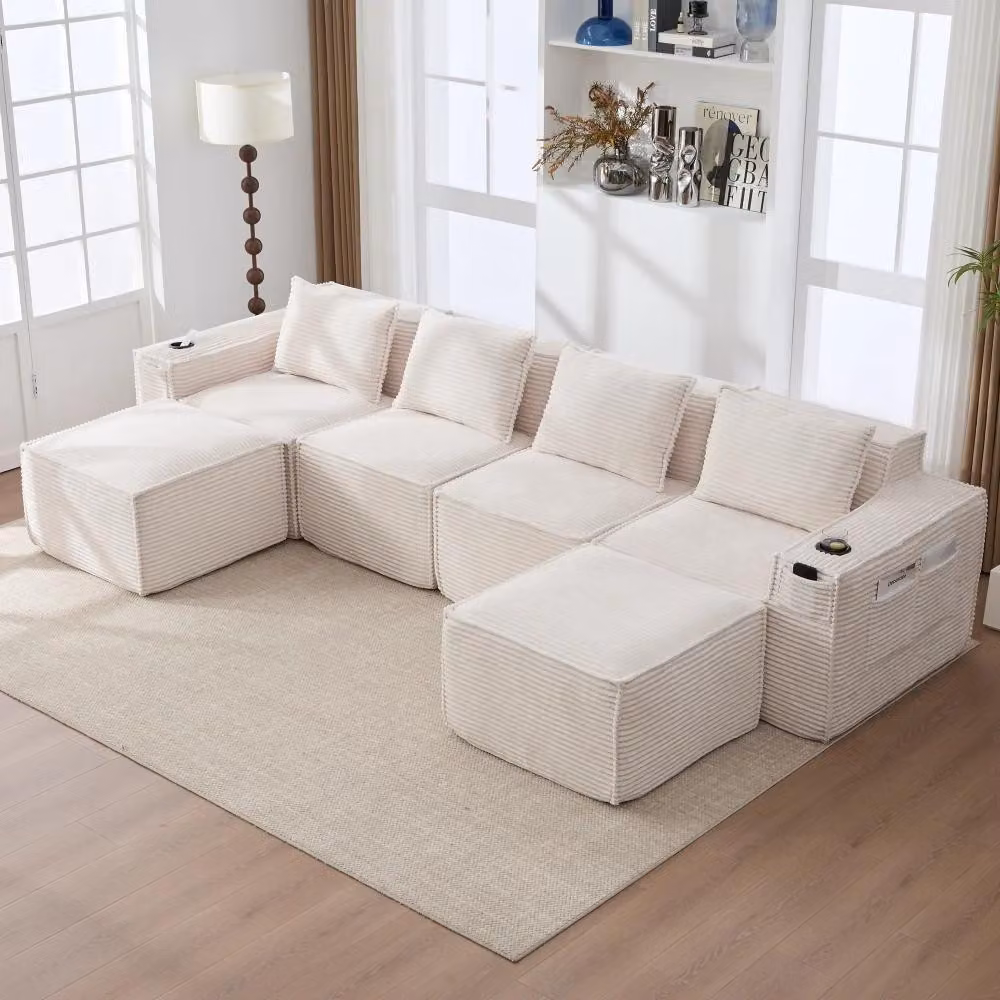 Divano a 4 posti in corda – Set di divani a forma di "U" – 2 poggiapiedi – Imbottitura in schiuma – Comfort di seduta medio-morbido – Assemblaggio richiesto – Colore beige