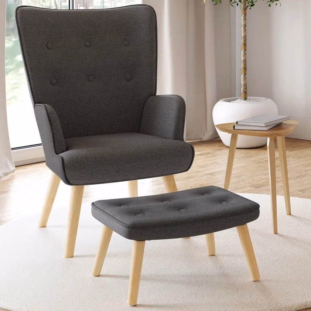 IDMarket Poltrona scandinava IVAR con poggiapiedi in tessuto grigio antracite e struttura in legno massello – 2