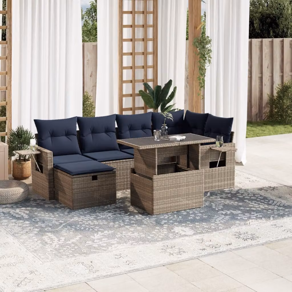 Set Divani da Giardino vidaXL 7 Pezzi con Cuscini e Tavolino, Design a L con Struttura in Metallo e Polyrattan Grigio