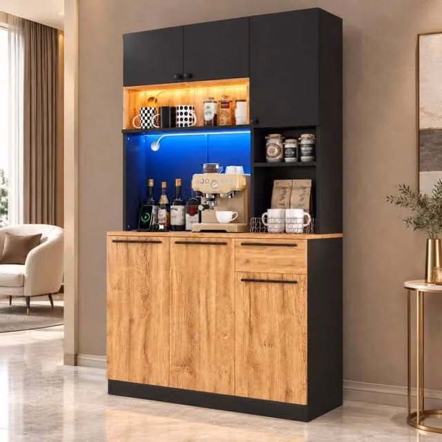 Dispensa alta con LED RGB e prese con 6 ante 1 cassetto e ripiani regolabili in MDF naturale 100 × 40 × 180 cm