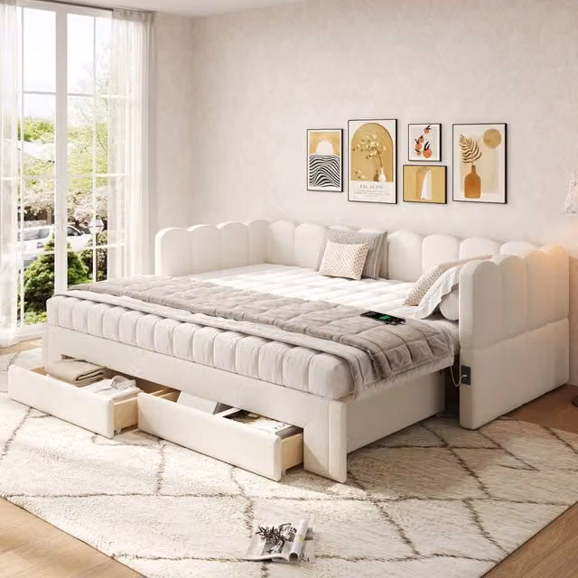 Letto giorno estraibile con cassetti ¨C Minimal ¨C Beige tessuto 90x200 cm estendibile a 180 cm con porta USB