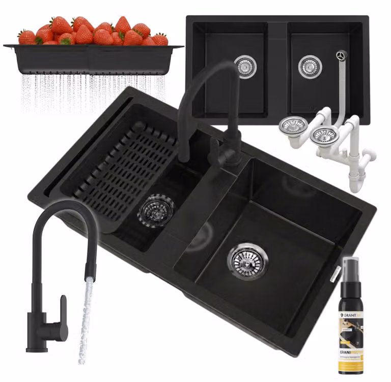 Granitan - Lavello in granito - Lavandino 76x44 cm - Lavello cucina nero - con miscelatore - VALMERA