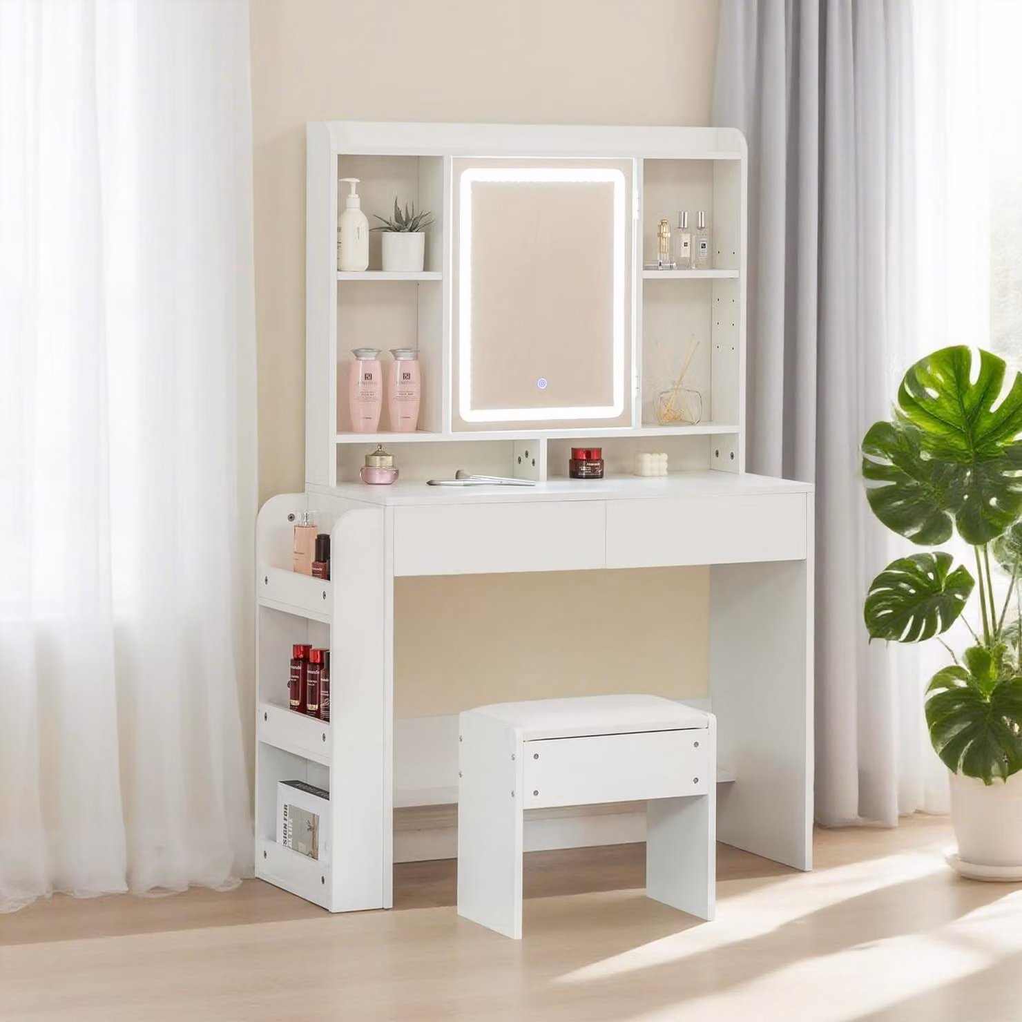 Comò da trucco con illuminazione a LED, sgabello, 9 ripiani, bianco, 90x40x145 cm