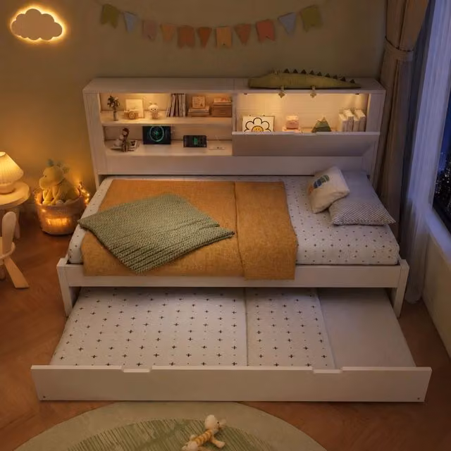 Divano letto 90x200 cm con letto estraibile, vani contenitore e prese USB, bianco