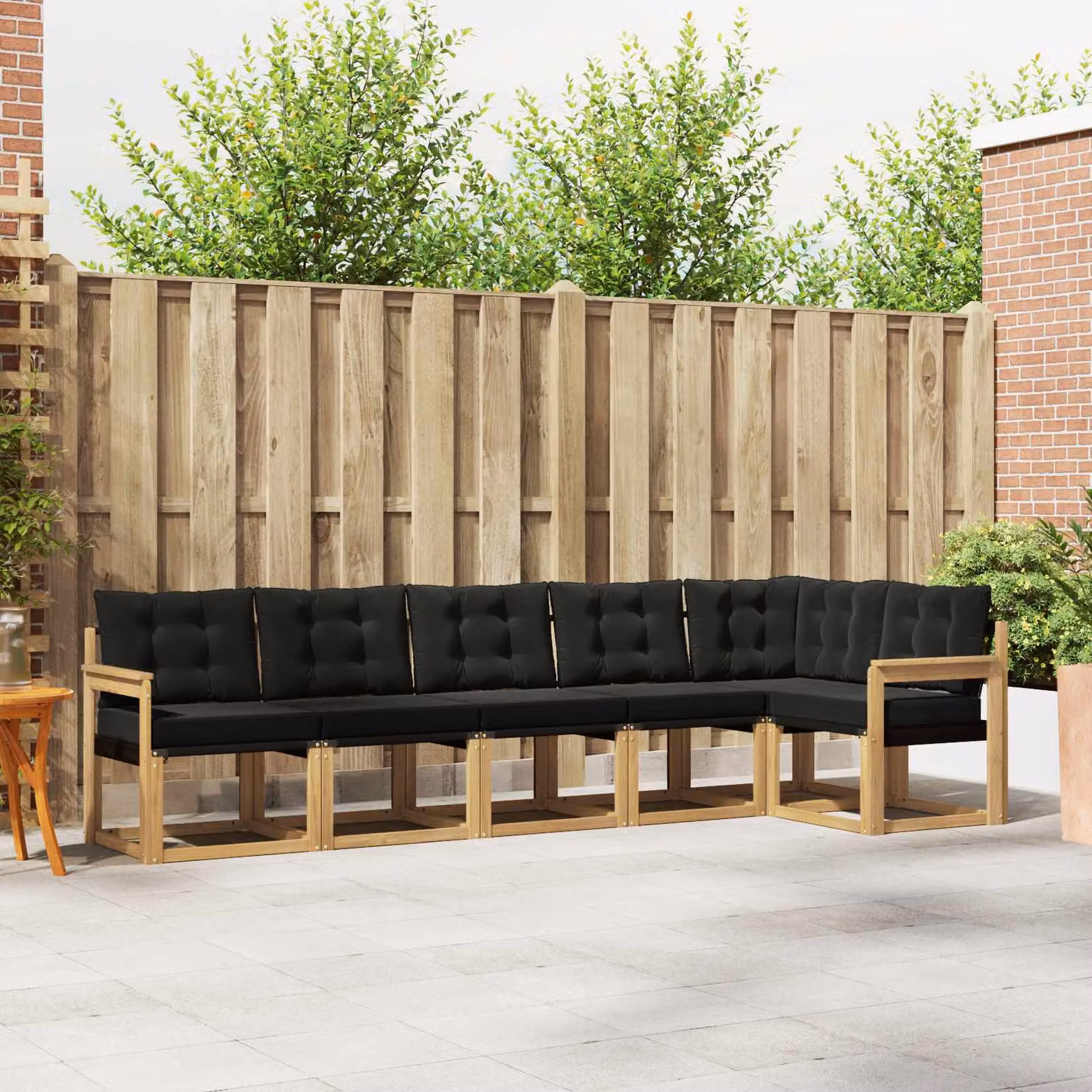 Set di divani da esterno vidaXL a forma di L composto da 6 pezzi in legno di acacia con cuscini in bianco, nero e marrone