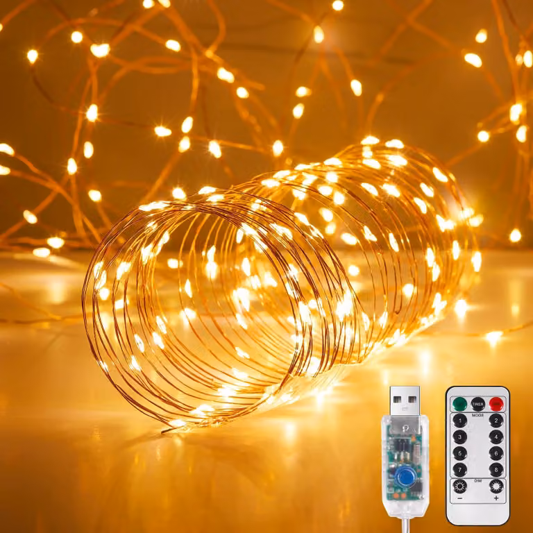 Catena luminosa a LED, 10 metri, 100 luci bianche calde, con alimentazione USB e telecomando