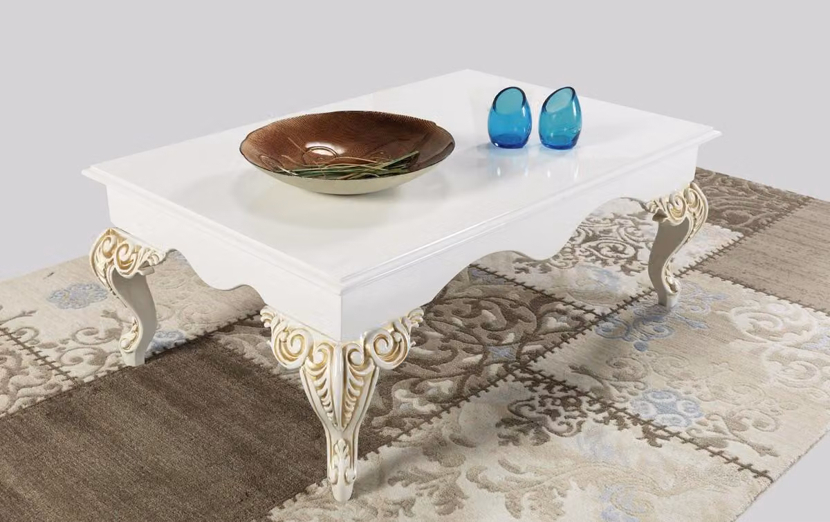 Casa Padrino Tavolino barocco bianco / panna / oro 105 x 75 x h. 42 cm - Tavolino da salotto in stile barocco - Mobili da salotto barocchi