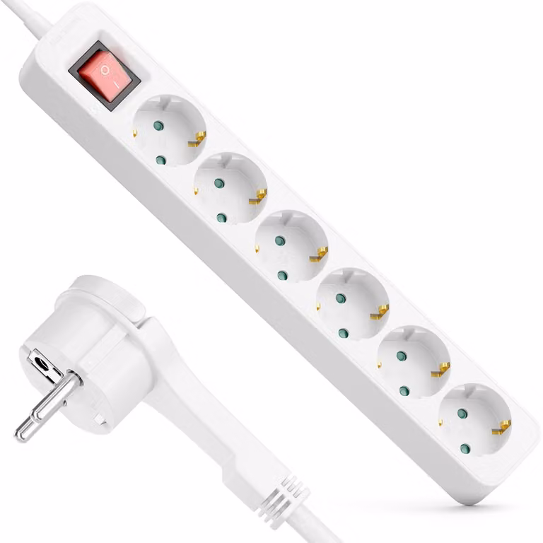 Ciabatta multipresa con spina piatta - Cavo da 1,4 metri - Con interruttore - 3680W 16A - Bianco