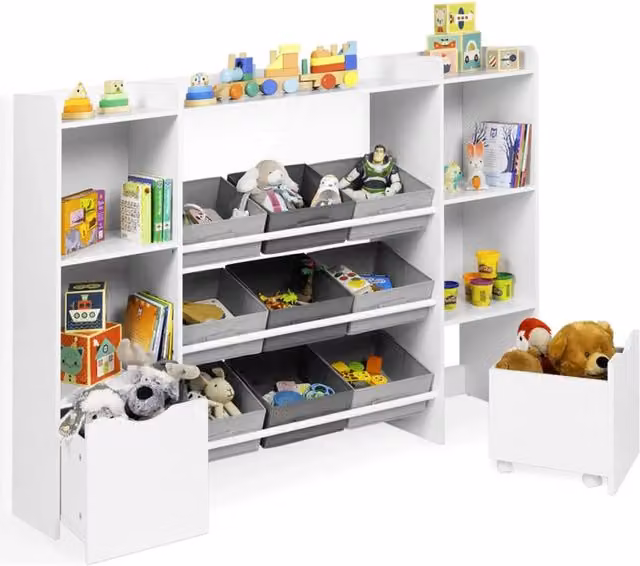 IDMarket Contenitore per bambini MANA bianco e grigio con 7 ripiani, 6 contenitori in tessuto e 2 cubi su rotelle