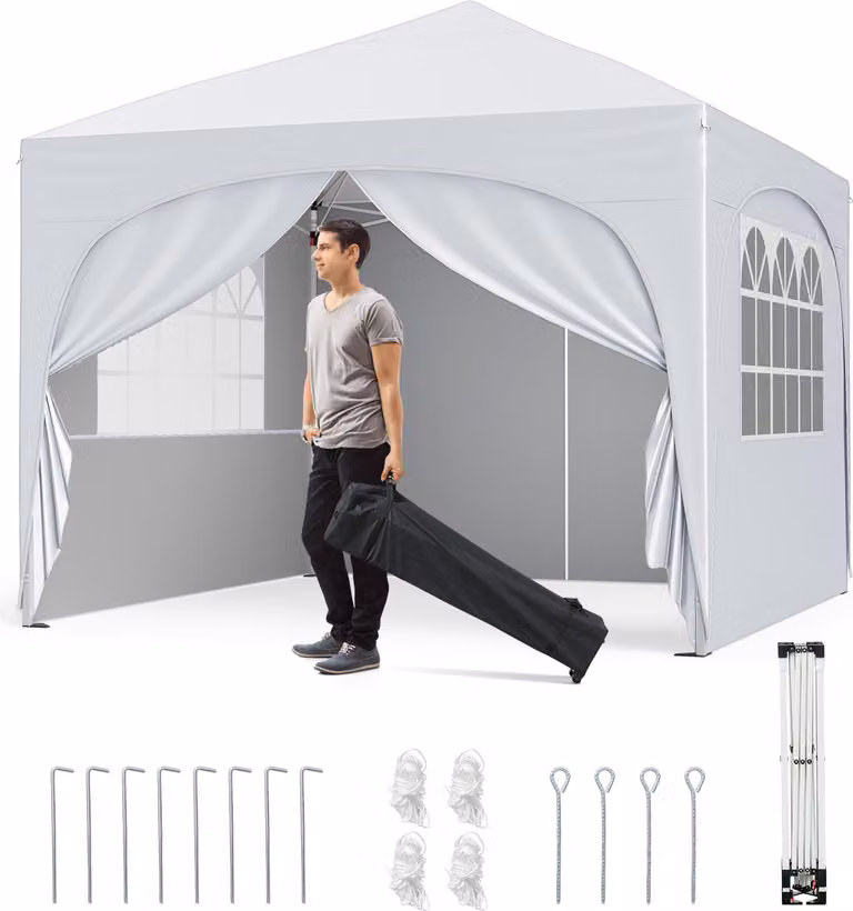COSTWAY Gazebo pieghevole 3x3 m con 4 pareti laterali rimovibili, gazebo pop-up con protezione UV, idrorepellente, tenda da giardino, gazebo da giardino con borsa, bianco