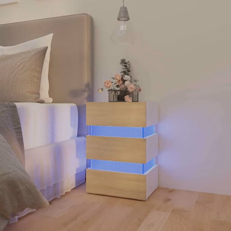 Comodino moderno vidaXL con luci LED Bianco e Sonoma, sospeso, in legno e MDF, L 45 cm x P 35 cm x H 67 cm