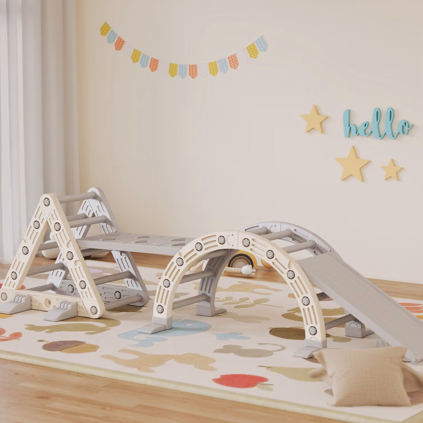 Struttura da arrampicata 5 in 1 AIYAPLAY con scivolo, arco e rampa doppia per bambini di 18-48 mesi, Grigio e Bianco – 2