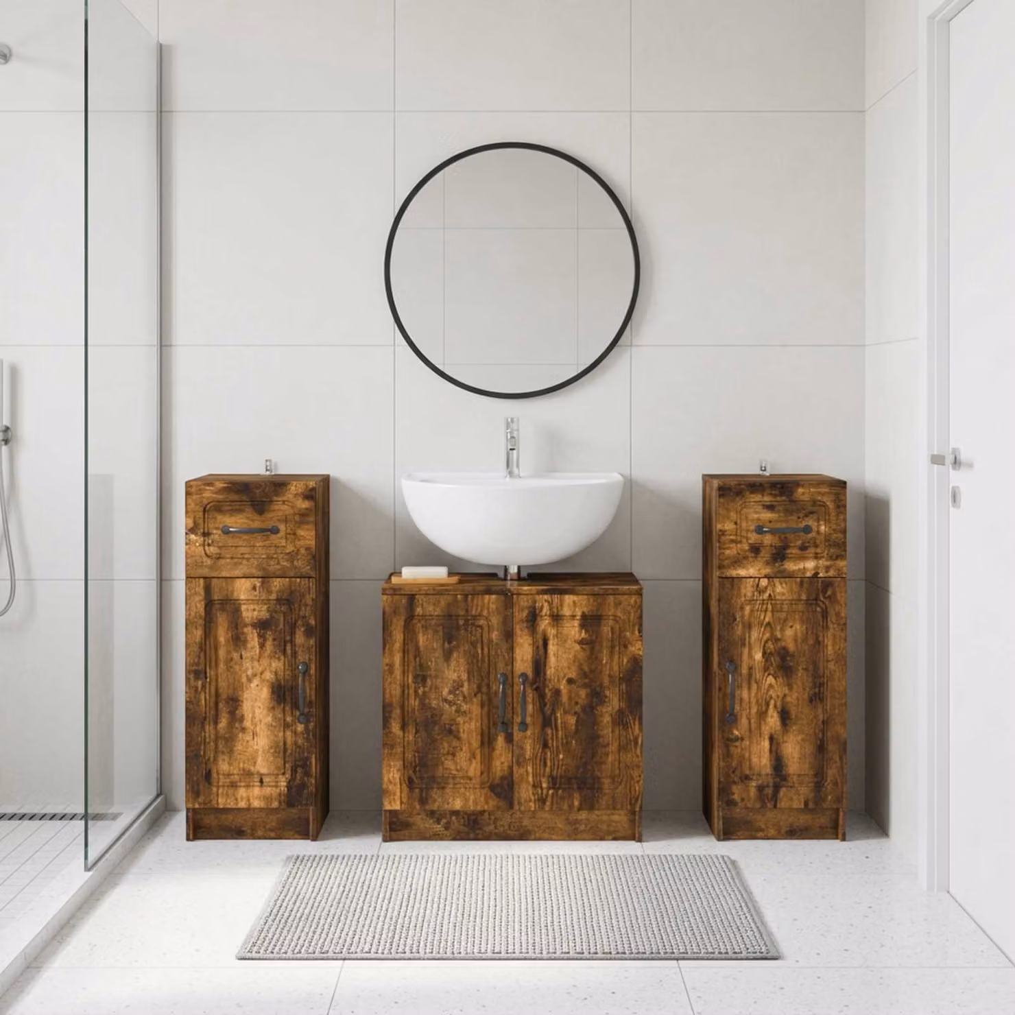 Set di armadietti da bagno vidaXL UTRECHT in 3 pezzi, Rovere Fumo, design minimalista con ante a cerniera e ripiani interni