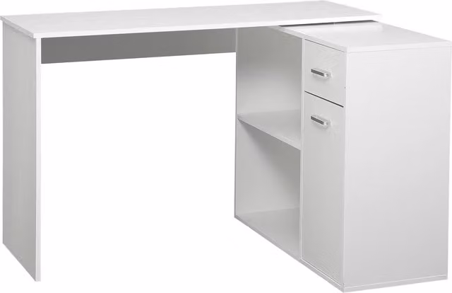 Scrivania angolare girevole HOMCOM con libreria, cassetto e armadietto, Bianco, L 117 x P 82 x H 74 cm