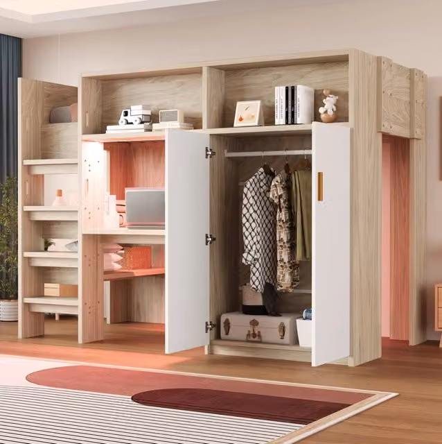 Letto a soppalco ULEVR 90x200 cm con scrivania, armadio a 2 ante, scaffali e LED, finitura legno naturale