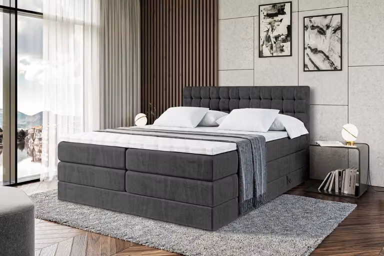 Letto boxspring ALTDECOR con materasso e rete a doghe - VIONE KING - 120x200 cm - Velluto nero - Topper, letto imbottito con contenitore, letto con vano portaoggetti H3 e H4 - Materasso, letto matrimoniale, letto boxspring