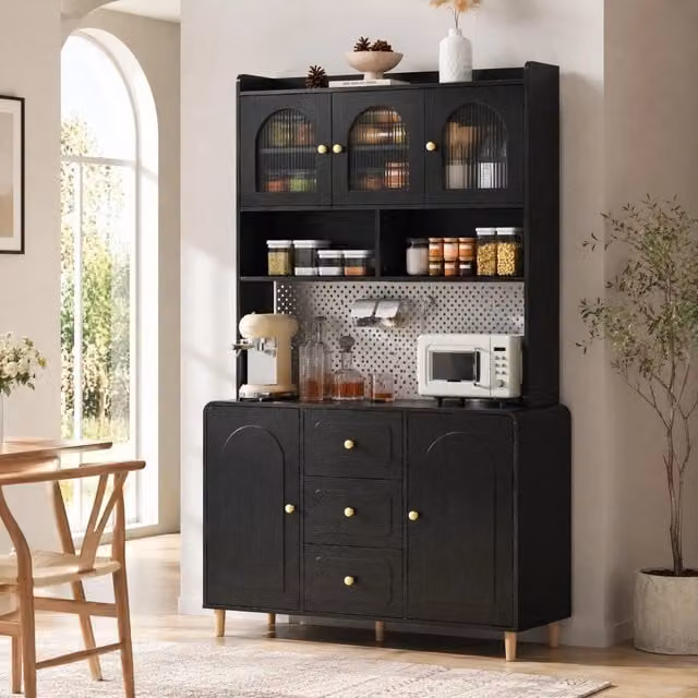 Credenza alta Mivray nera con ante in vetro e cassetti, ideale per cucina o sala da pranzo, L/P/H: 120 x 40 x 190 cm – 1