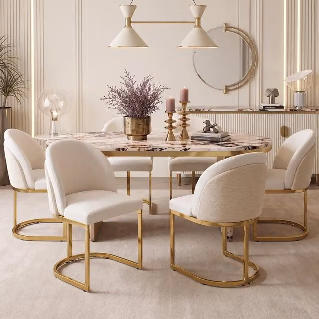 Set da 4 sedie imbottite REDOM in tessuto chenille beige e oro con struttura in metallo, L 59 cm x P 52 cm x H 85 cm