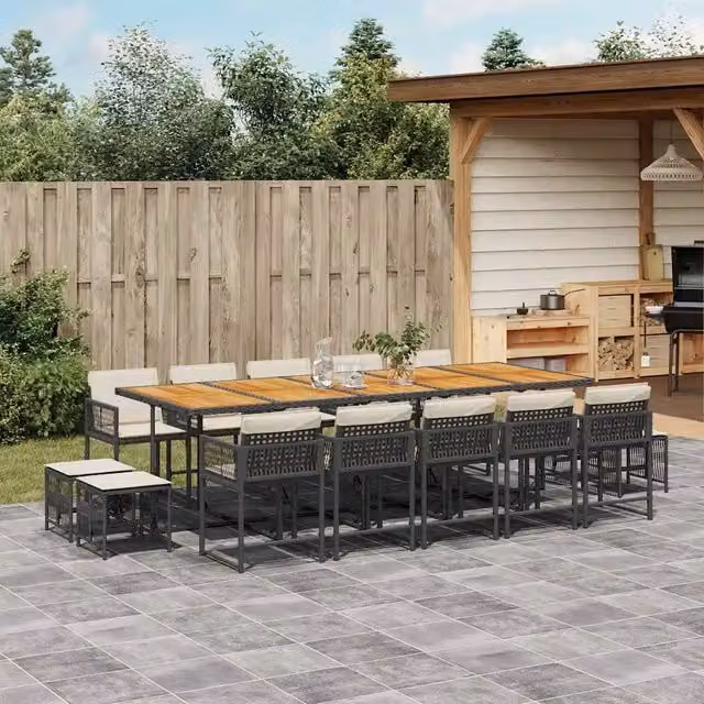 Set da pranzo da giardino vidaXL in polyrattan nero con cuscini e tavolo in legno di acacia per 15 persone – 1