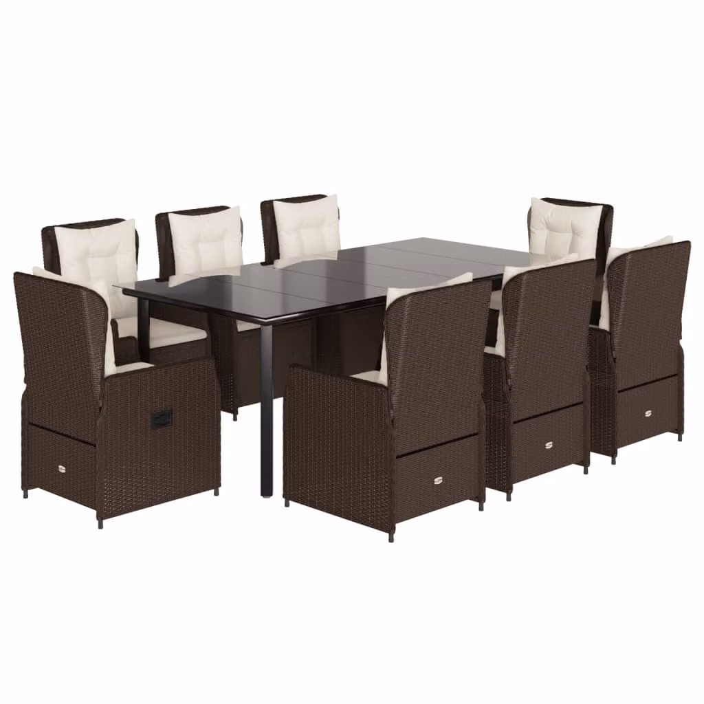 Set da Pranzo da Giardino 9pz con Cuscini Marrone in Polyrattan