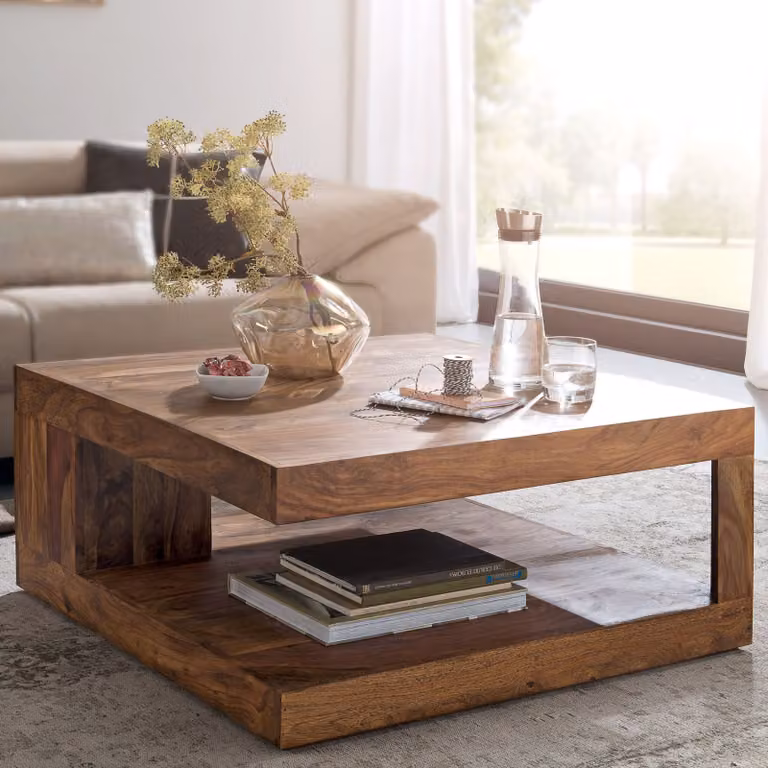 Tavolino FineBuy in legno massello di sheesham 90x90 cm con ripiano – Tavolino da salotto quadrato in legno naturale – Tavolino moderno in legno dal design intramontabile
