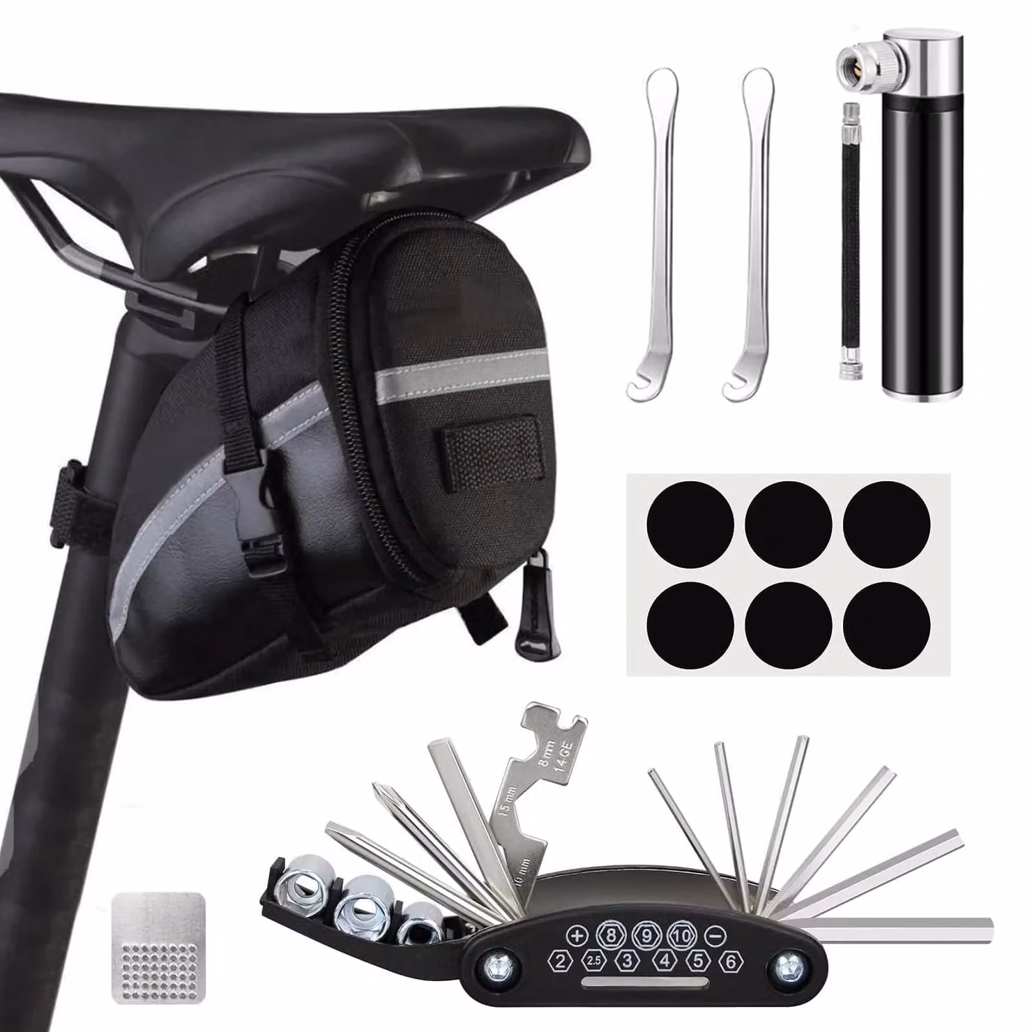 Kit di manutenzione per biciclette - Multitool 16-in-1 con mini pompa e leve per pneumatici