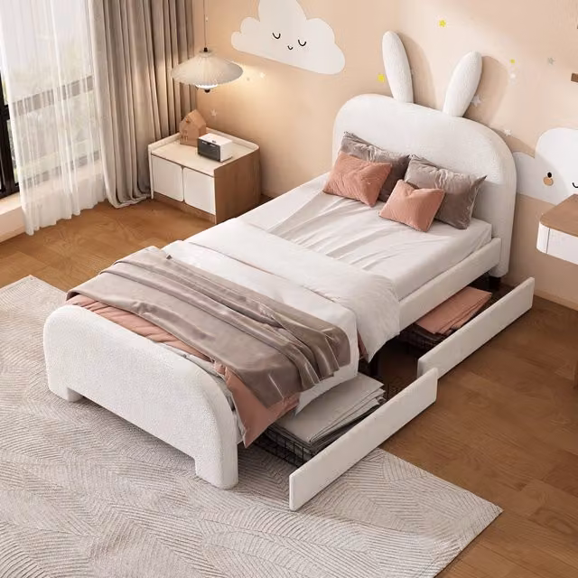 Letto singolo per bambini OKWISH imbottito in peluche e MDF con 2 cassetti, bianco, L/P/H: 200 x 90 x 110 cm