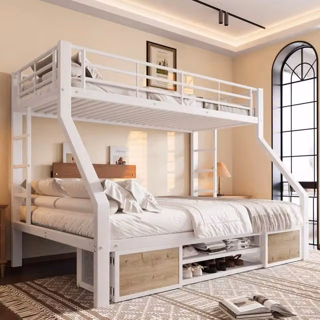 Letto a castello 90x200 cm con armadio porta scarpe e vani portaoggetti in metallo bianco