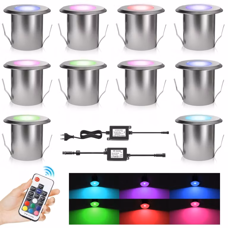 Set di 10 faretti a LED da incasso per pavimento, RGB, diametro 39 mm, 0,5 W, grado di protezione IP67, dimmerabili, alluminio