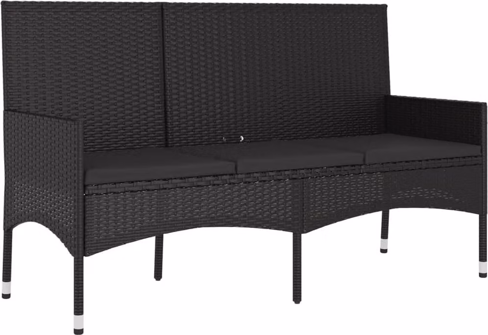 Panca da Giardino a 3 Posti con Cuscini in Polyrattan Nero