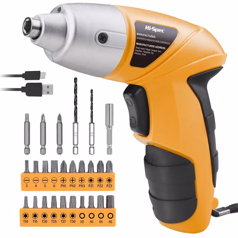 Set di avvitatori elettrici da 3,6V, 27 pezzi, con alimentazione USB, colore giallo